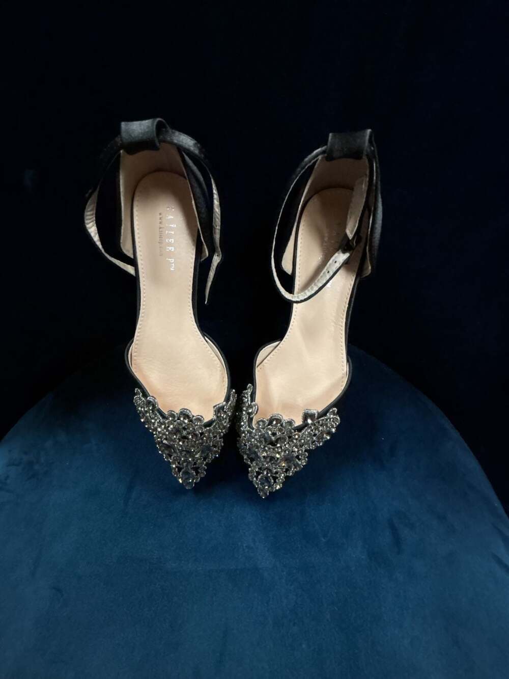 Kailee P Ankle Strap Pointy Toe Heels Size 5.5 Black Rhinestone